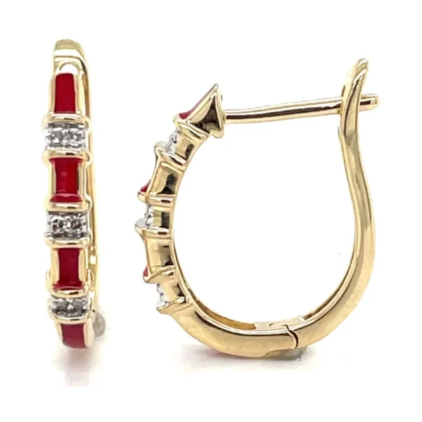 Red Enamel Diamond Hoop Earrings